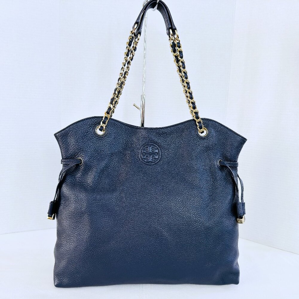 Tory Burch THEA Navy Blue Pebbled Leather‎ Gold Chain Shoulder Tote Bag